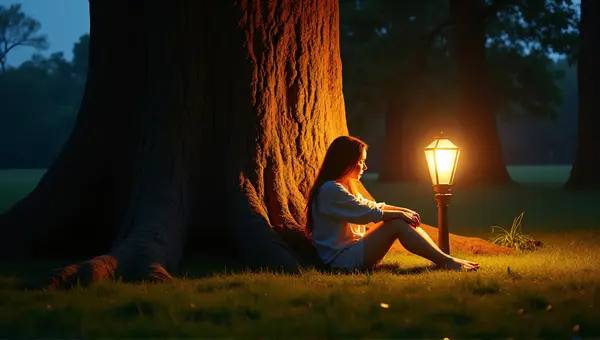 Person Sitting By Giant Trunk Under Vintage Lamp