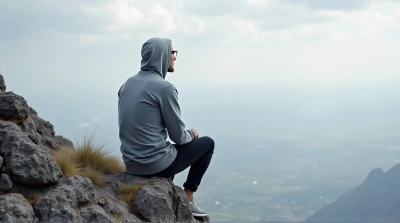 Person Sitting On Jagged Stone Ledge Overlooking Sky