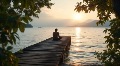 Person Sitting On Old Pier At Dusk By Shimmering Water