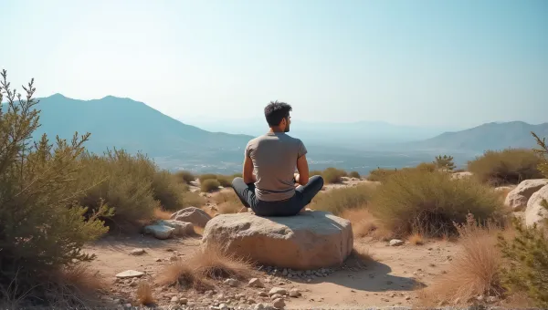 Person Sitting on Rugged Stone with Mountain View