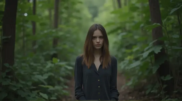 Selective focus on a person standing among dense green leaves, face highlighted against a blurred leafy backdrop.