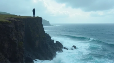 Person Standing On Rocky Cliff Over Ocean Horizon