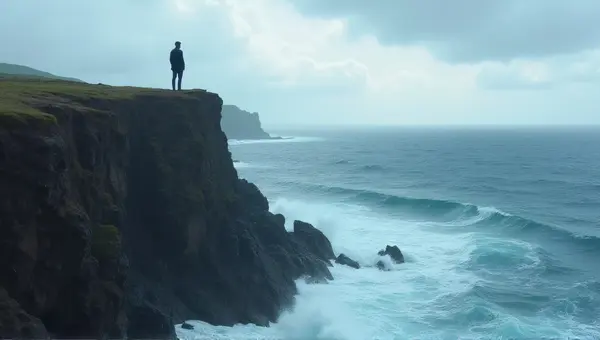Person Standing On Rocky Cliff Over Ocean Horizon