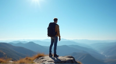 Person Standing On Rocky Summit Under Bright Sky