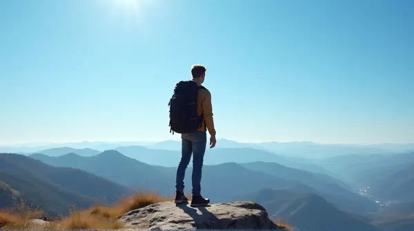 Person Standing On Rocky Summit Under Bright Sky