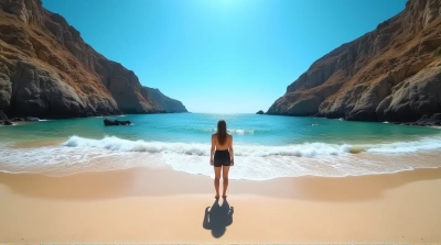 Person Standing On Sandy Shoreline With Rocky Hills
