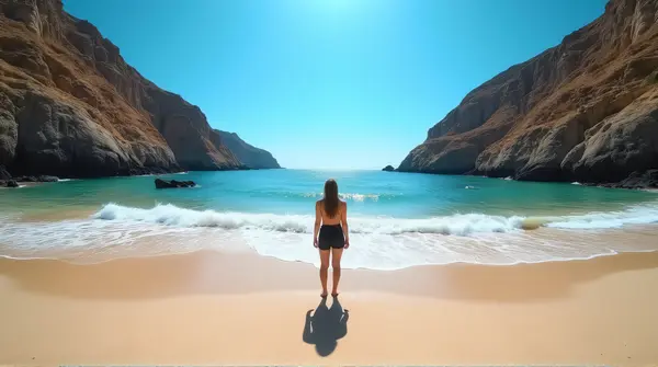 Individual standing on sandy beach with rocky hills and gentle waves under clear blue sky.