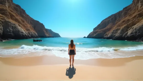 Person Standing On Sandy Shoreline With Rocky Hills