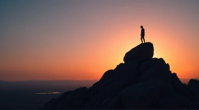 Person Standing On Stone Outcrop At Dusk Horizon