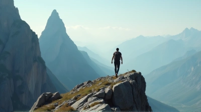 Person Striding On Rugged Peak Ridge Under Vast Sky
