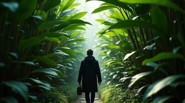 Person Striding Through Lush Green Foliage With Sunlight