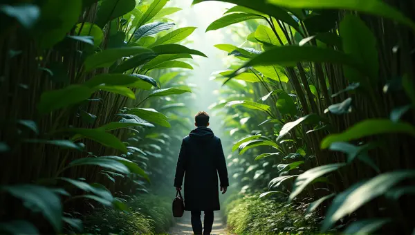 Person Striding Through Lush Green Foliage With Sunlight