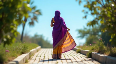 Person In Vibrant Sari On Serene Outdoor Path