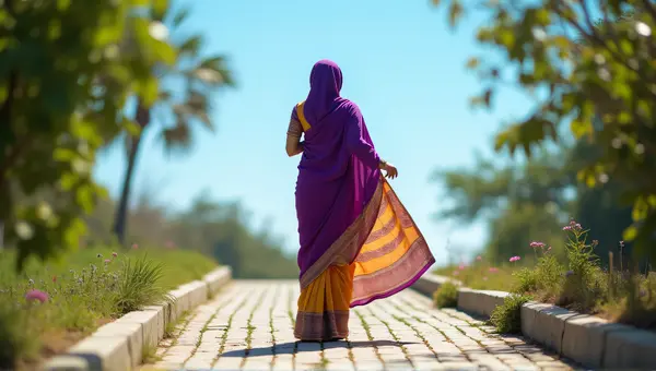 Person In Vibrant Sari On Serene Outdoor Path