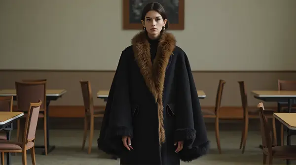 Individual in black and brown fur-trimmed coat standing next to seating inside a room