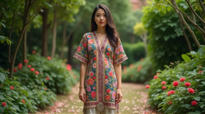 Person Wearing Multicolored Floral Patterned Garment In Garden