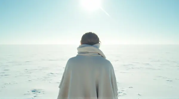 A person wrapped in a pale scarf stands in the middle of a frost-covered field under bright sunlight with soft shadows.