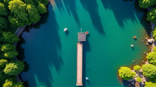 Pier Extending Into Clear Lake With Boats