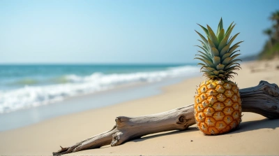 Pineapple Near Driftwood On Sunny Coastline