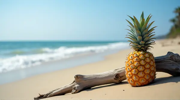 Pineapple Near Driftwood On Sunny Coastline