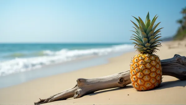 Pineapple Near Driftwood On Sunny Coastline