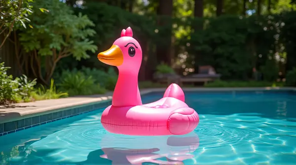 Bright pink bird-shaped inflatable floating on a backyard basin surrounded by lush greenery and dappled tree shadows