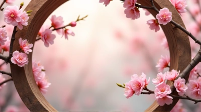 Pink Blossoms On Curved Timber Frame
