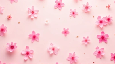 Pink Blossoms On Pale Background Overhead View