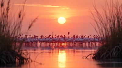 Pink Flamingos At Sunset By Reeds