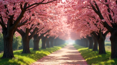Pink Flowering Trees Lining Narrow Trail