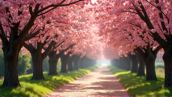 Pink Flowering Trees Lining Narrow Trail