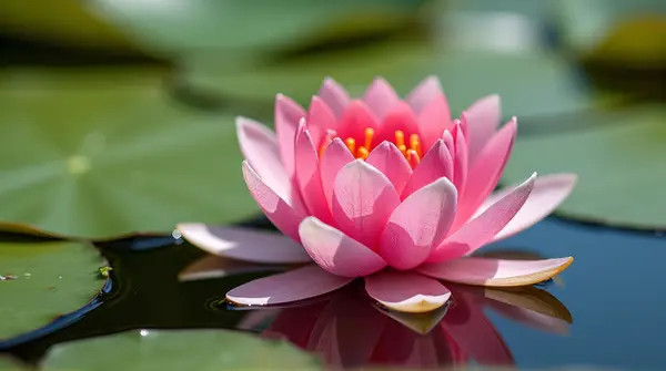 Close-up of a bright pink water lily unfolding on calm water surrounded by green lily pads under sunlight.