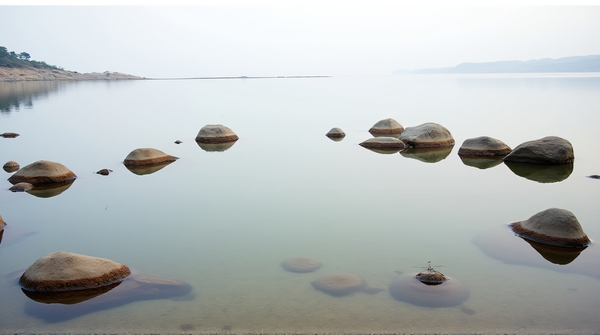 A low-angle view of a pond reflecting the pale sky, surrounded by scattered rocks of different sizes near the shore.