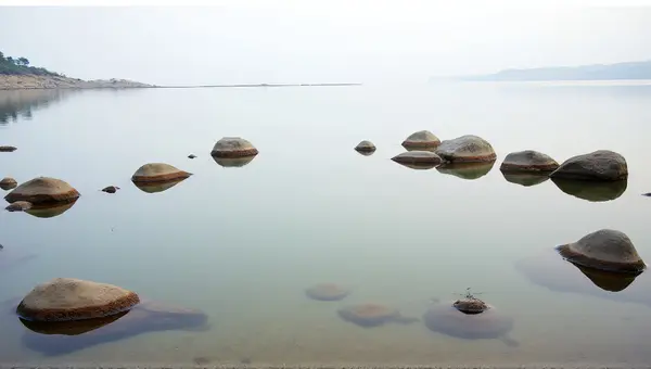 Pond Reflection Among Scattered Rocks At Shore