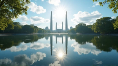 Pond Reflection Of Tall Structures And Trees