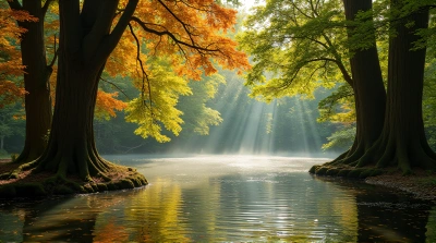 Pond With Vibrant Fall Foliage And Sunlight