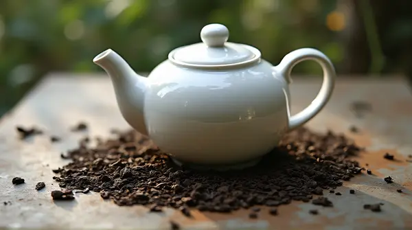 Porcelain Teapot Surrounded by Loose Tea Leaves