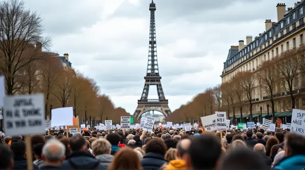 Protesters Holding Signs Near Eiffel Tower