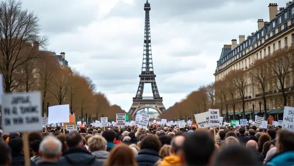 Protesters Holding Signs Near Eiffel Tower