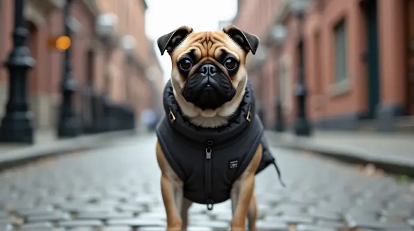 Pug Dog in Charcoal Coat on Cobblestone Street