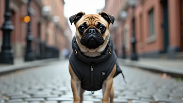 Pug Dog in Charcoal Coat on Cobblestone Street