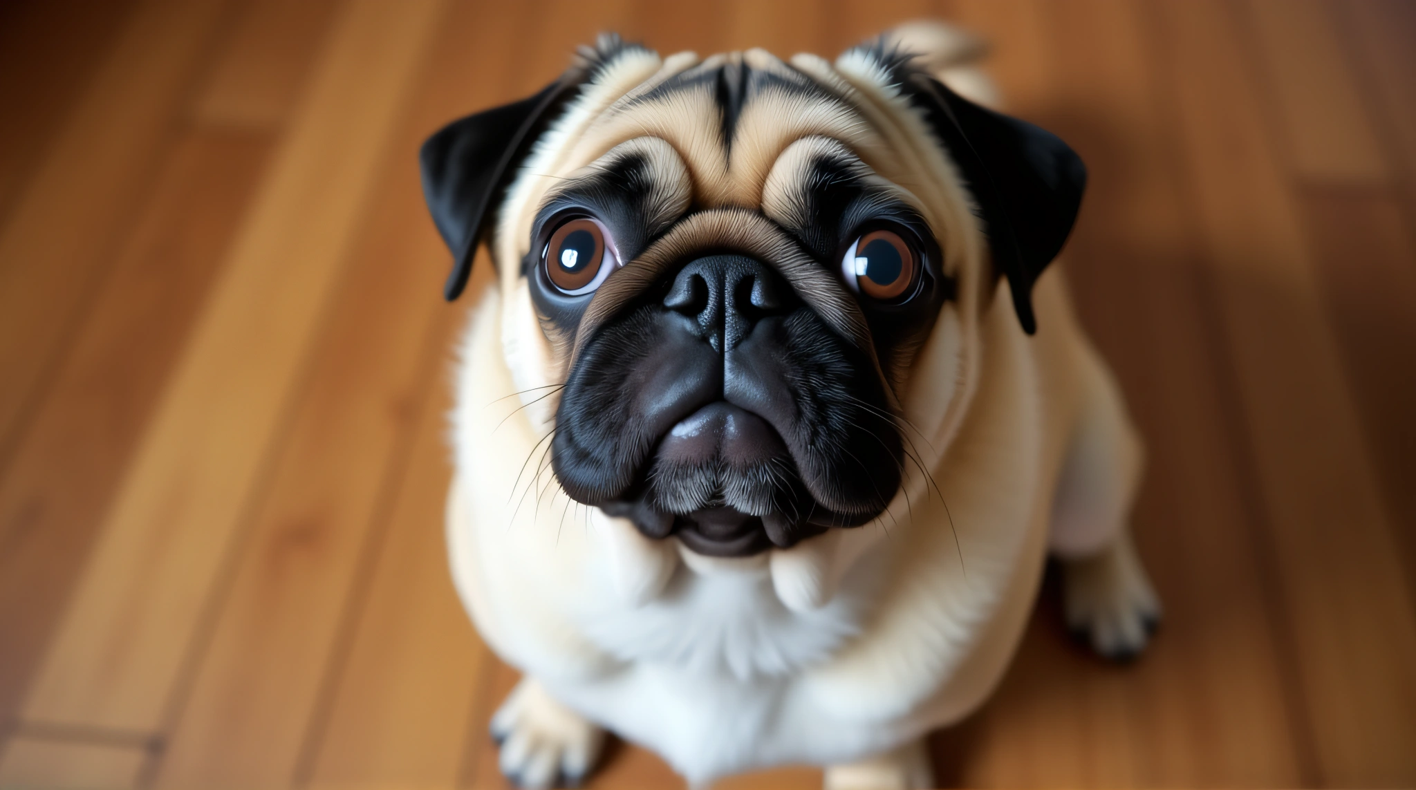 Pug Dog Sitting Calmly On Wooden Floor