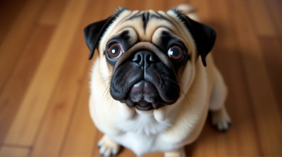 Pug Dog Sitting Calmly On Wooden Floor