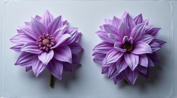 Two clusters of purple blossoms placed side by side on a textured surface with soft shadows from above