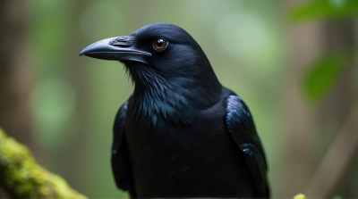 Raven Perched On Mossy Branch Macro Texture