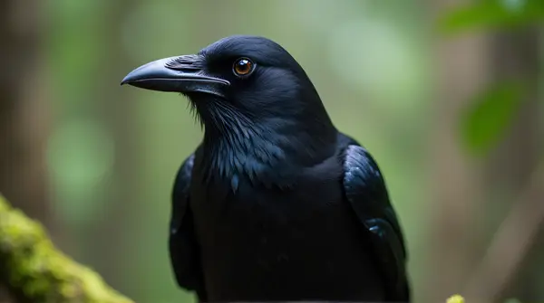Raven Perched On Mossy Branch Macro Texture