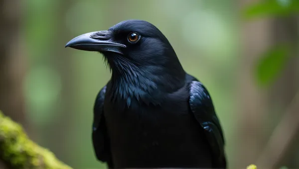 Raven Perched On Mossy Branch Macro Texture
