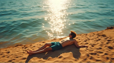 Reclining Person Beside Shimmering Expanse Under Sunlight