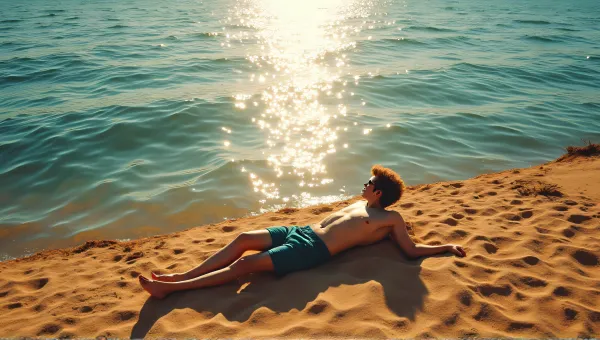 Reclining Person Beside Shimmering Expanse Under Sunlight