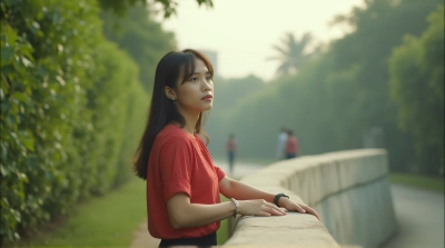 Red Blouse Figure Near Pale Barrier With Greenery